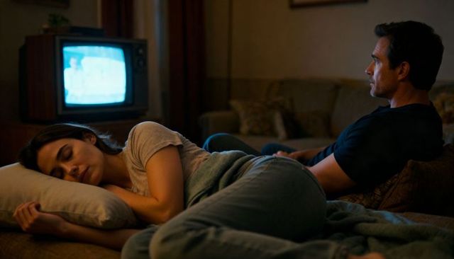 Couple resting on sofa at night with vintage crt tv glow and quiet late-night mood