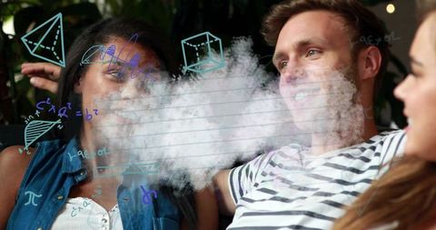 Friends Relaxing with Vapor and Mathematical Symbols Illustrating Thought