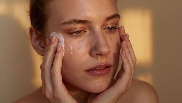 Fair-skinned woman cleansing face with cotton pad, dewy hydrated skin, soft golden light