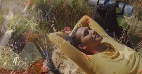 Woman Relaxing Outdoors Blended with American Flag