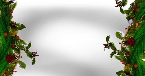 Festive Fir Branches and Decorations Border on White Background
