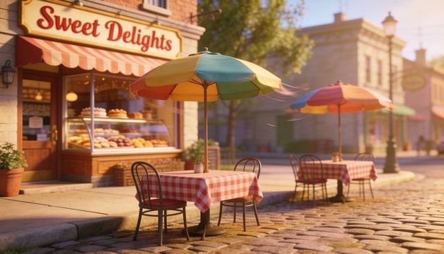 Sunlit cobblestone cafe with checkered tablecloths and colorful umbrellas outside bakery