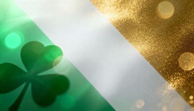 Featuring shamrock silhouette on green white gold tricolor with gold glitter bokeh