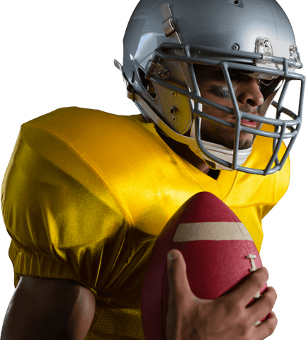 American football player in yellow jersey holding ball transparent