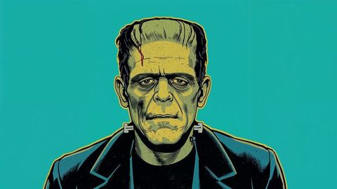 Moody portrait of frankenstein's monster on teal background