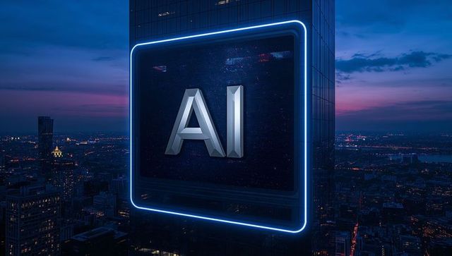 Futuristic AI Neon Billboard on Glass Skyscraper Overlooking Urban Night Skyline at Dusk
