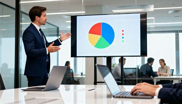 Businessman presenting pie chart on screen during modern conference room meeting