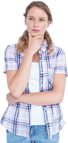 Contemplative Caucasian Woman in Casual Attire on Transparent Background