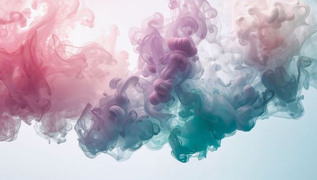 Drifting pastel ink plumes creating backlit translucent swirls in pink purple teal