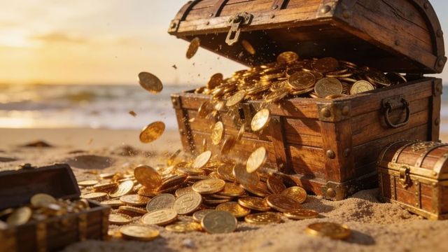 Antique wooden treasure chest spilling gold coins on sunlit beach at golden sunset, overflowing