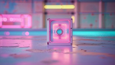 Futuristic neon cube illuminating tech lab