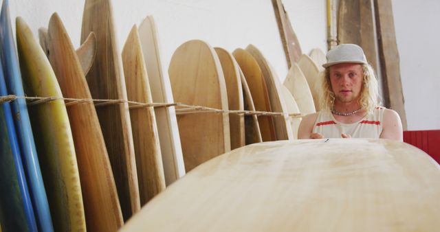 Young Man Inspecting Surfboard in Surf Shop - Download Free Stock Images Pikwizard.com