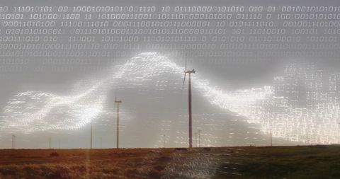Windfarm data flow: binary waveform overlaying wind turbine landscape with digital light trails