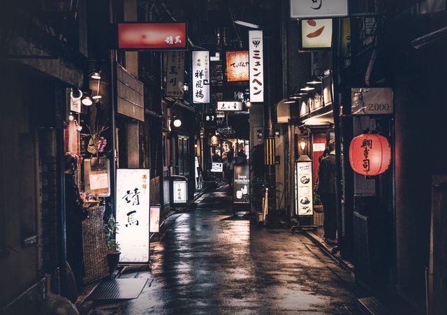 A narrow Tokyo alley with a wet pavement reflects the glow of various neon signs at night. This atmospheric urban scene captures traditional Japanese elements, creating a tranquil, yet vibrant, city ambiance. This image is perfect for use in articles about Japanese culture, travel to Tokyo, urban photography, or for adding an exotic and mysterious mood to design projects.