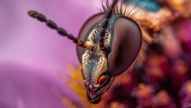 Macro close-up wasp head showing faceted compound eyes, banded antennae and iridescent shell