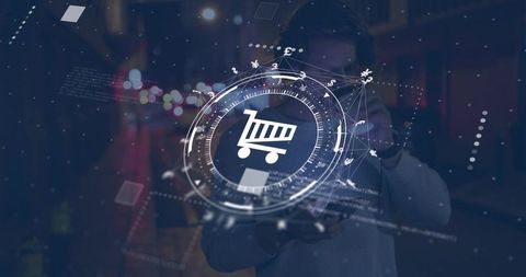 Man in light sweater holding smartphone using holographic ecommerce hud with cart icon