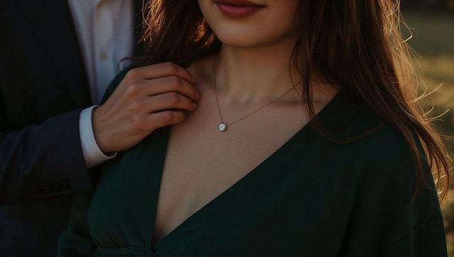 Man touching pendant while woman smiling in green v-neck dress at golden hour