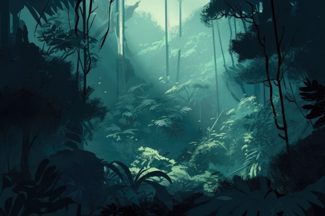 Rainforest with tropical plants and sun rays, created using generative ai technology. Rainforest, nature and scenery concept digitally generated image.