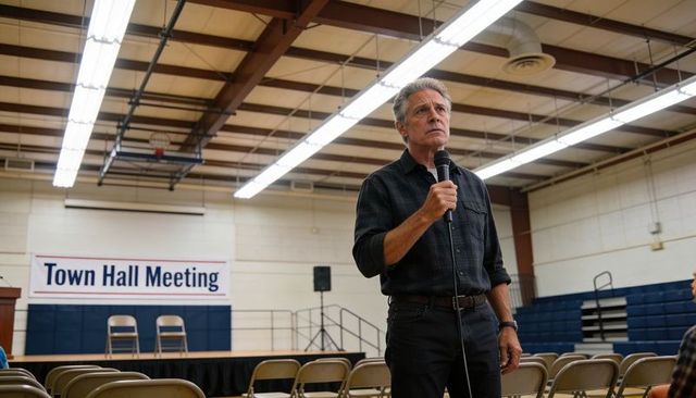 Concerned community leader addressing town hall meeting in gymnasium holding microphone