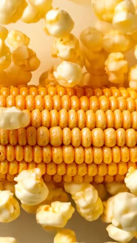 Popcorn kernels bursting around dried corn cob in vertical slow-motion snack loop