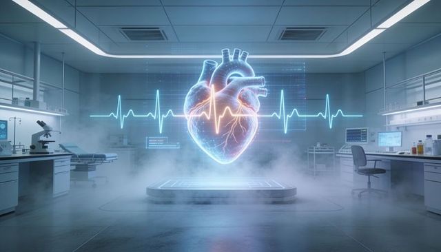 Projecting holographic 3d heart with ecg waveform in futuristic cardiac lab environment