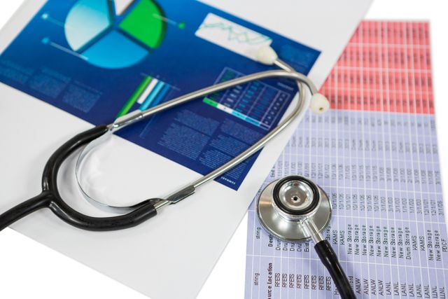 Stethoscope lying on medical charts and graphs on white background. Ideal for illustrating healthcare analysis, medical research, hospital administration, and data-driven medical reports.