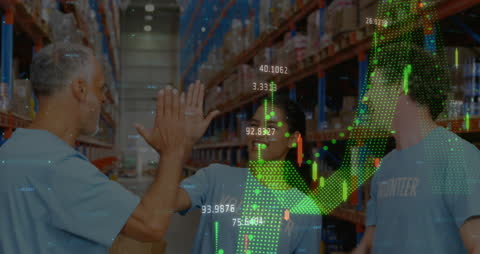 Volunteers Celebrating Success with Digital Data Overlay in Warehouse