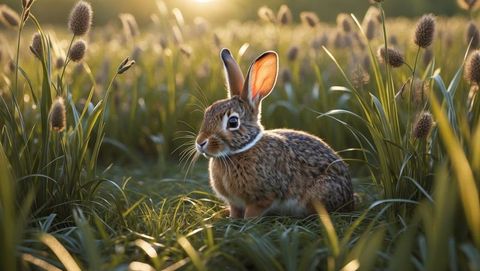 Serene cottontail rabbit enjoying golden hour in peaceful meadow