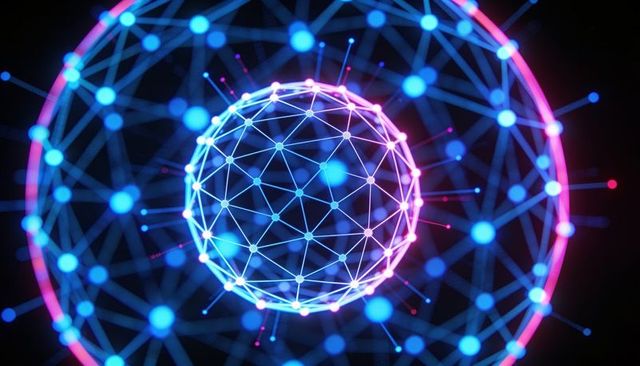 Rotating neon wireframe sphere pulsing in futuristic digital network with glowing nodes