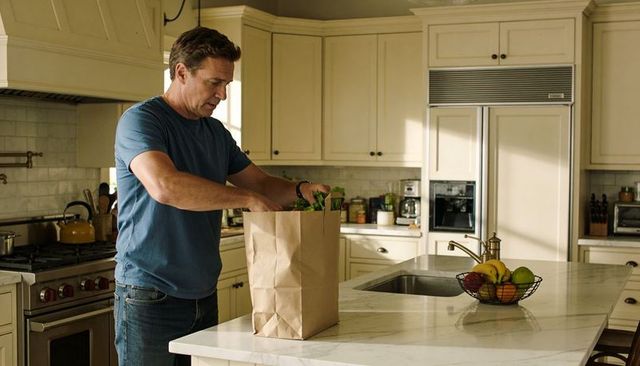 Middle-aged man unpacking groceries on marble kitchen island wearing blue t-shirt