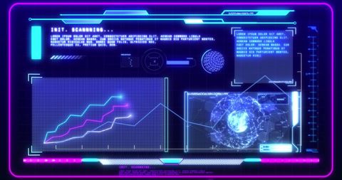 Futuristic digital interface display with data graphs and global connections
