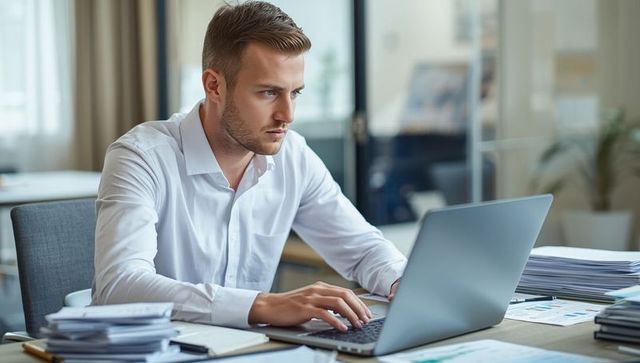 Focused young professional typing on laptop in modern office workspace