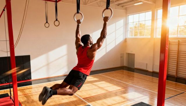Pulling on gymnastic rings, building upper-body strength in sunlit indoor sports hall