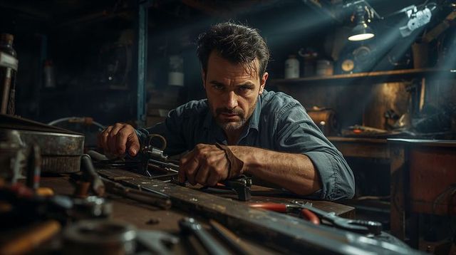 Focused craftsman examining metal part at cluttered workbench with caliper and vise