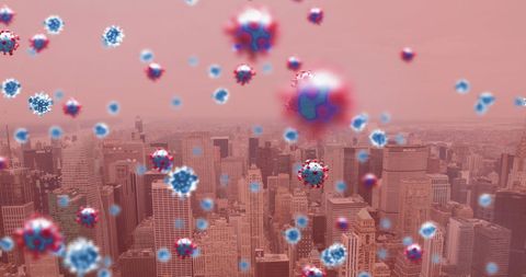 Coronavirus Cells Hovering Over Urban Skyline in Pandemic Scenario