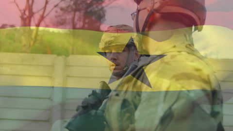 Ghana Flag Overlay on Diverse Soldiers in Military Scene