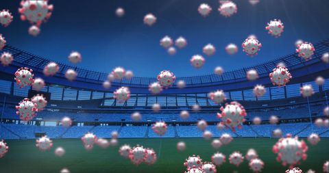 3d coronavirus cells floating over empty sports stadium