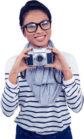 Transparent Image of Smiling Woman Holding Camera Enthusiastically
