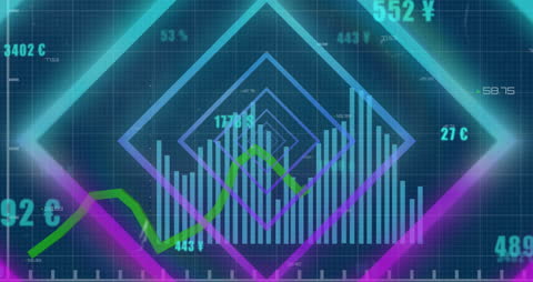 Neon Shapes Rotating Over Financial Data