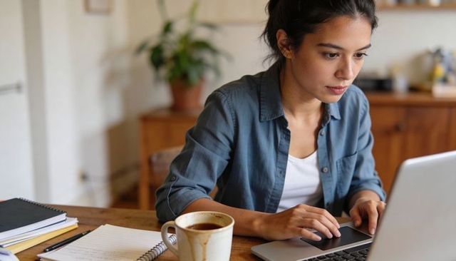Working woman typing on laptop at wooden table with coffee cup and spiral notebook