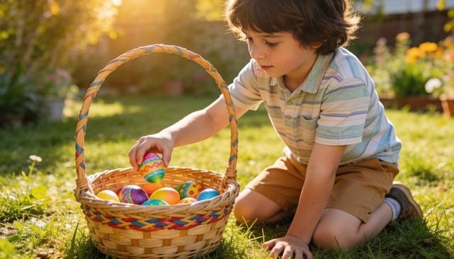 Boy picking colorful easter eggs in sunlit backyard during golden hour celebration