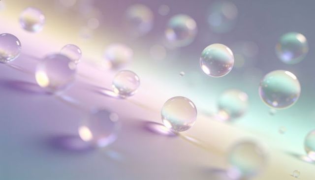 Iridescent glass droplets floating on pastel surface, shimmering reflections and soft bokeh macro
