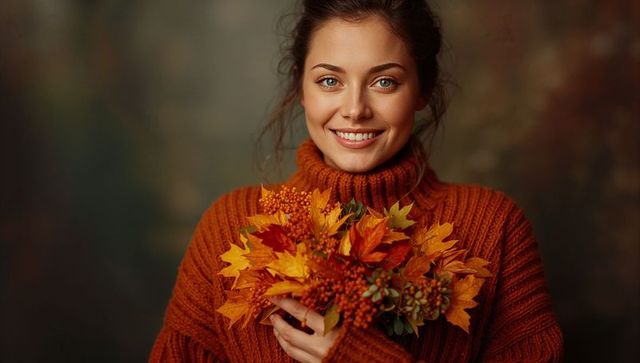 Smiling Woman in Orange Sweater Holding Autumn Bouquet