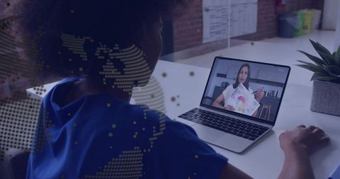 Remote presentation watching on laptop with presenter sharing colorful chart, workspace