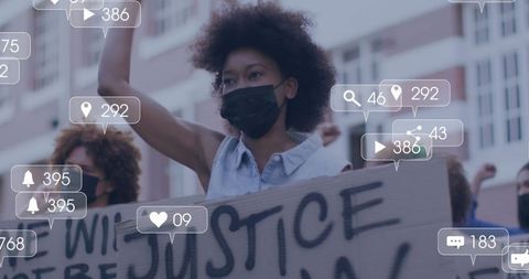 Activists Protesting with Social Media Engagement Overlays