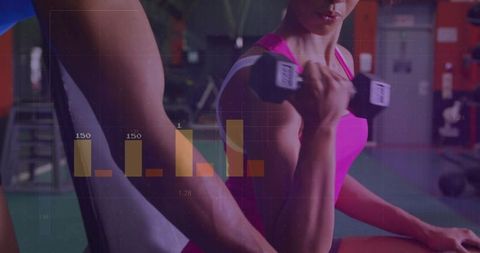 Woman lifting dumbbell doing bicep curl with fitness data overlay