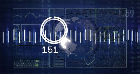 Pulsing circular meter displaying 151 over dotted world map with analytics dashboard and digital gri