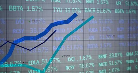 Rising market trends: blue and teal line charts showing stock percentage gains
