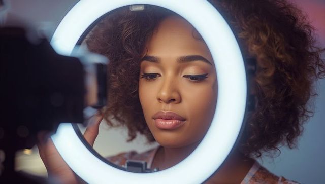 Beauty influencer creates content using led ring light and phone