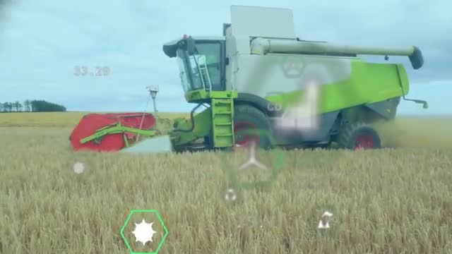 Combines harvesting wheat with digital data overlays showing agricultural optimization. Illustrates blend of traditional farming with cutting-edge technology. Perfect for articles on modern farming, agricultural technology advancements, or sustainable food solutions.